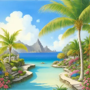 Tropical Oasis: Palm trees sway on sandy beach