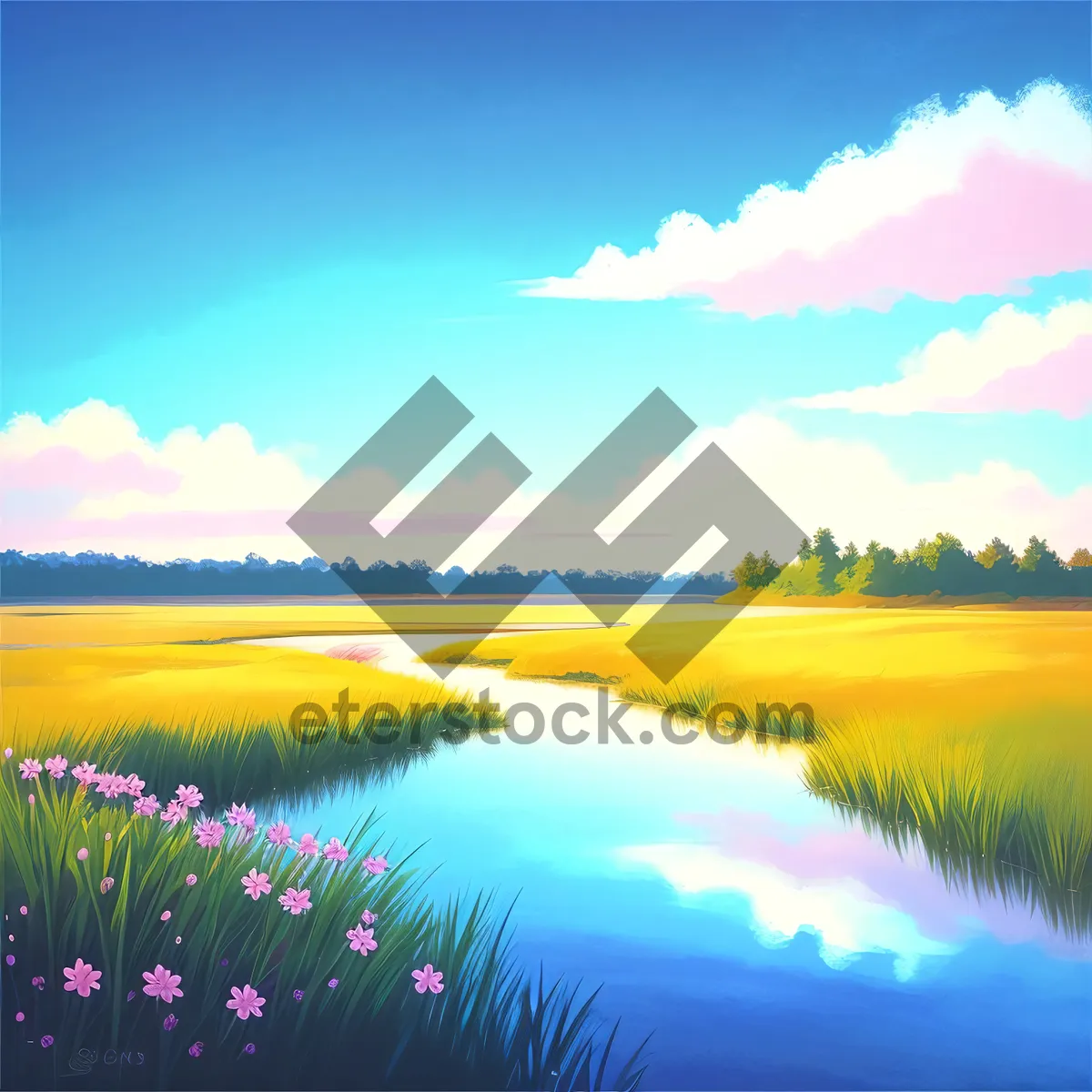 Picture of Vibrant Sunset Reflection over Serene Meadow