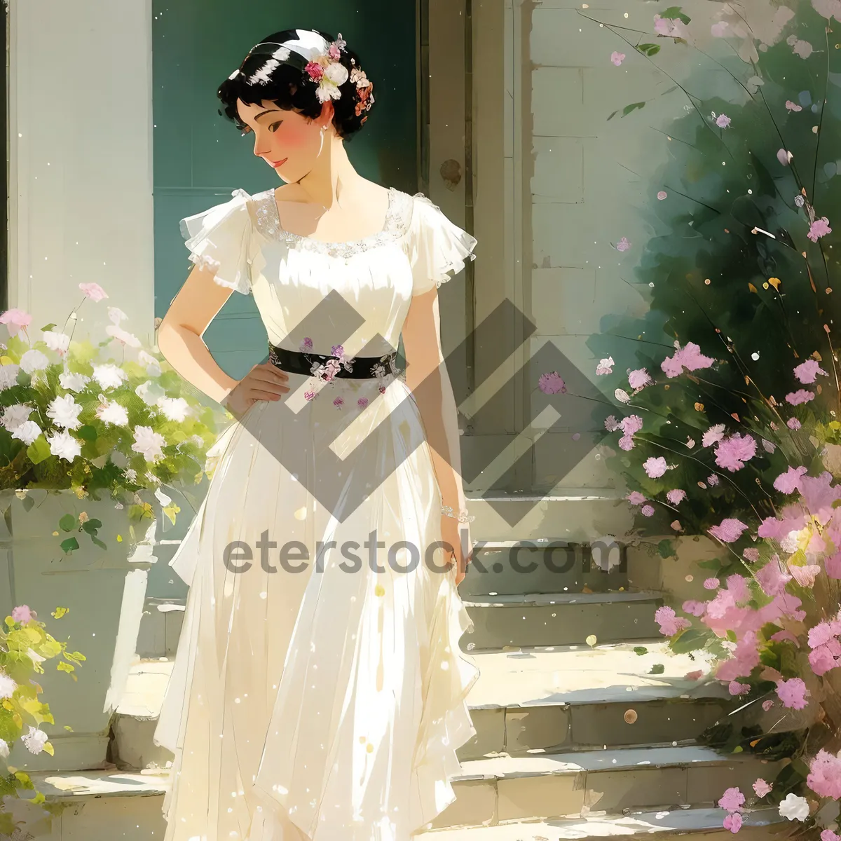 Picture of Smiling Bride and Groom in Wedding Attire