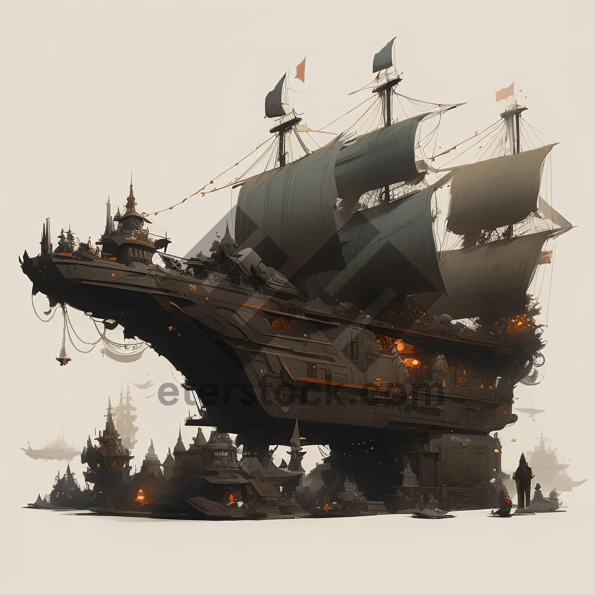 Picture of Military aircraft carrier docked in busy port harbor.