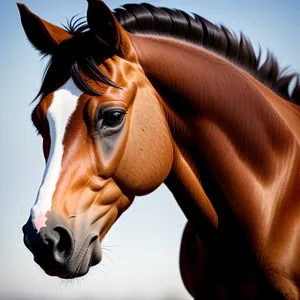 Majestic stallion with brown mane, portrait.