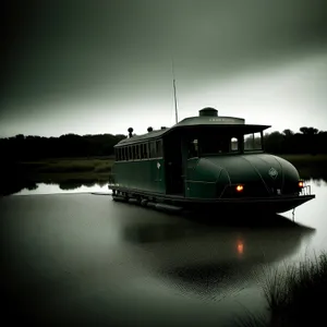 Waterbound: Majestic Warship Gliding through Scenic Harbor