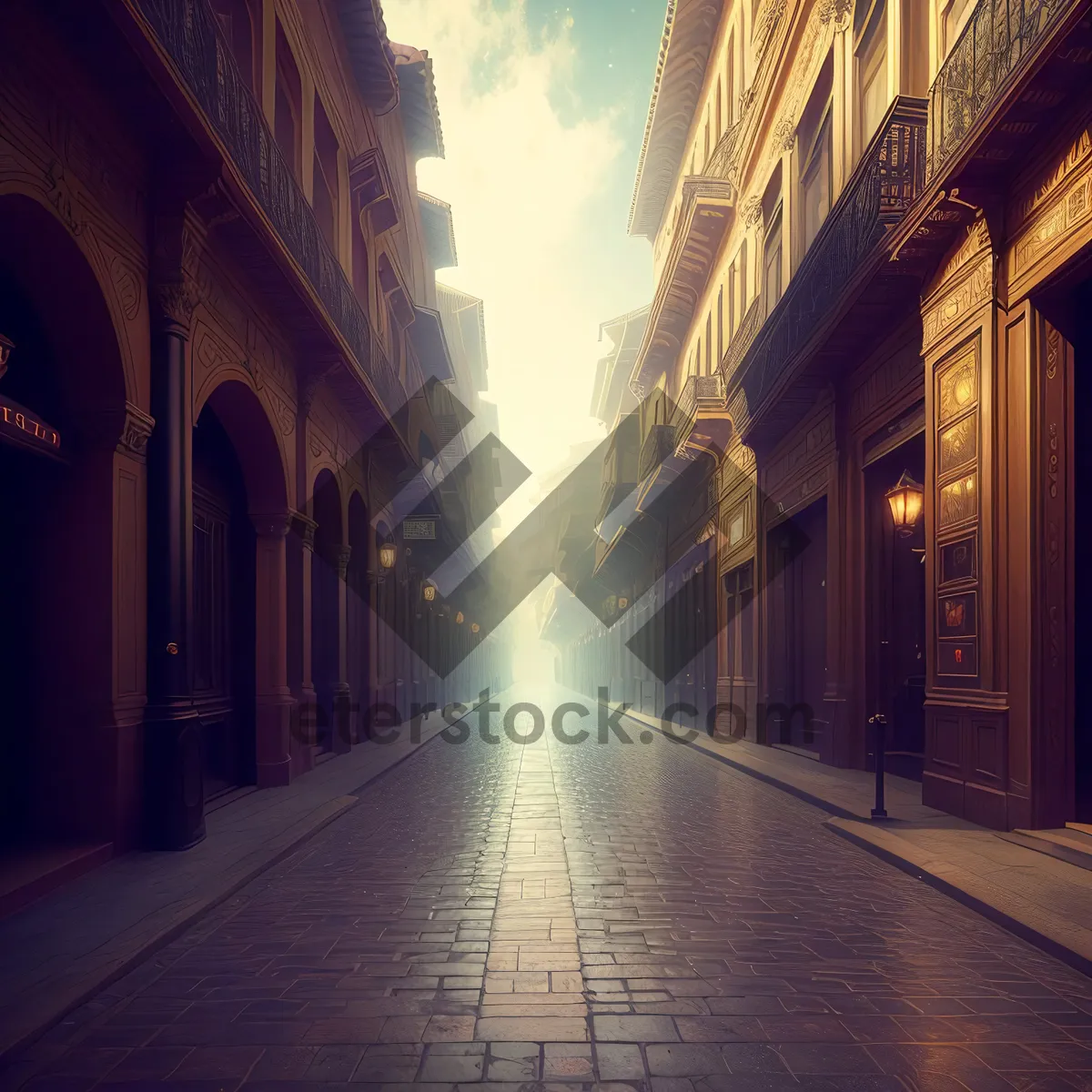 Picture of Urban Night Street with Architectural Buildings and Fountain