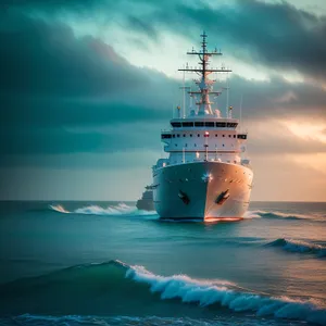 Ocean-bound vessel navigating serene coastal waters