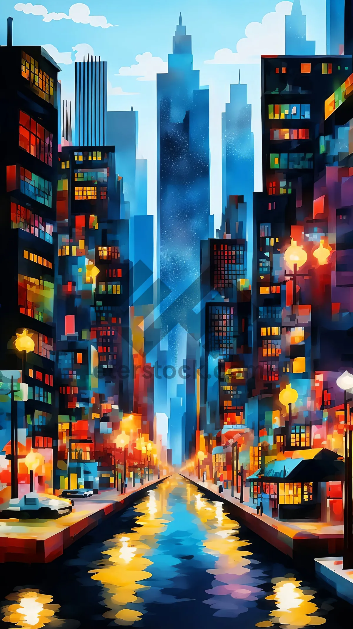 Picture of Modern city skyline at night with neon lights