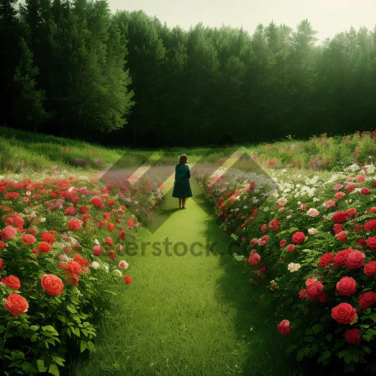 Picture of Summer Park Landscape with Tree and Tulip Flowers