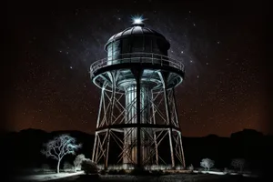 Beacon tower reflecting in water reservoir