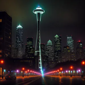 Nighttime cityscape with illuminated skyscrapers and a river