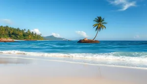 Tropical paradise beach with palm trees and waves.