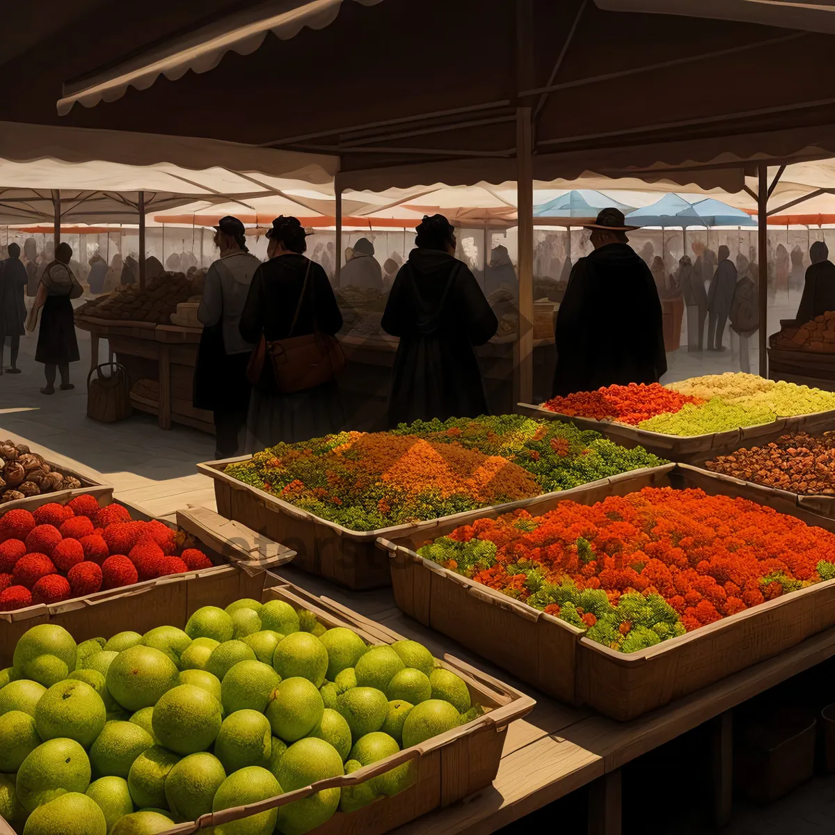 Picture of Fresh, ripe fruits and vegetables at market stall.