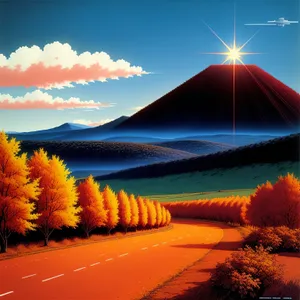 Vibrant Sunset Sky over Meadow and Mountains