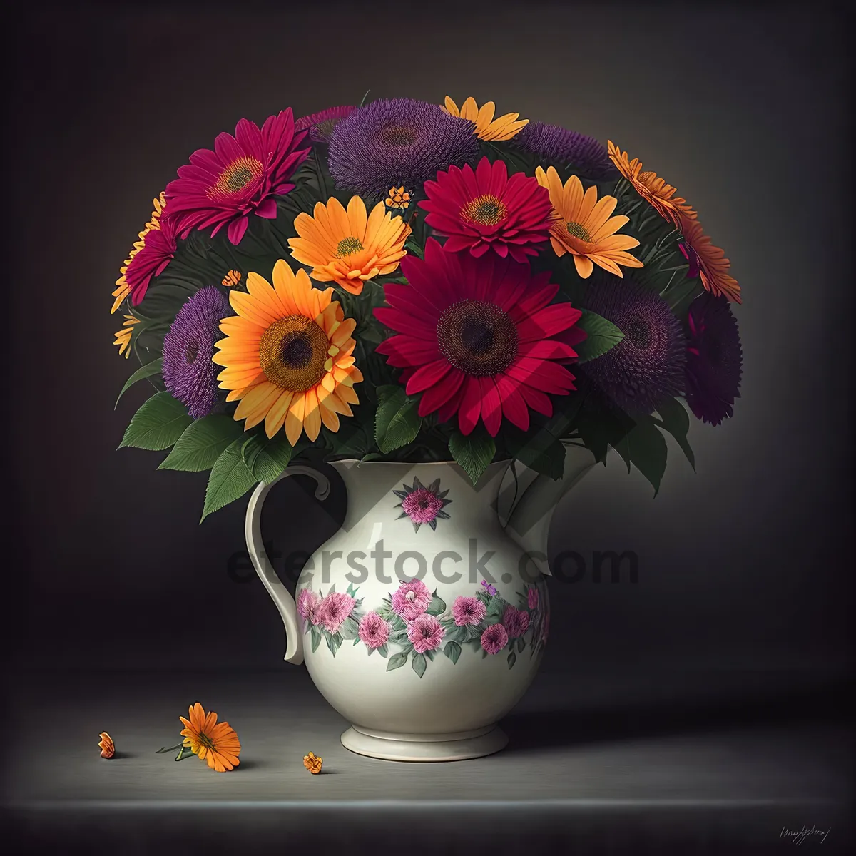 Picture of Colorful Floral Bouquet in Yellow Vase.