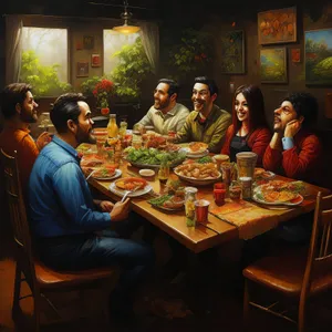 Happy man eating dinner at restaurant with friends