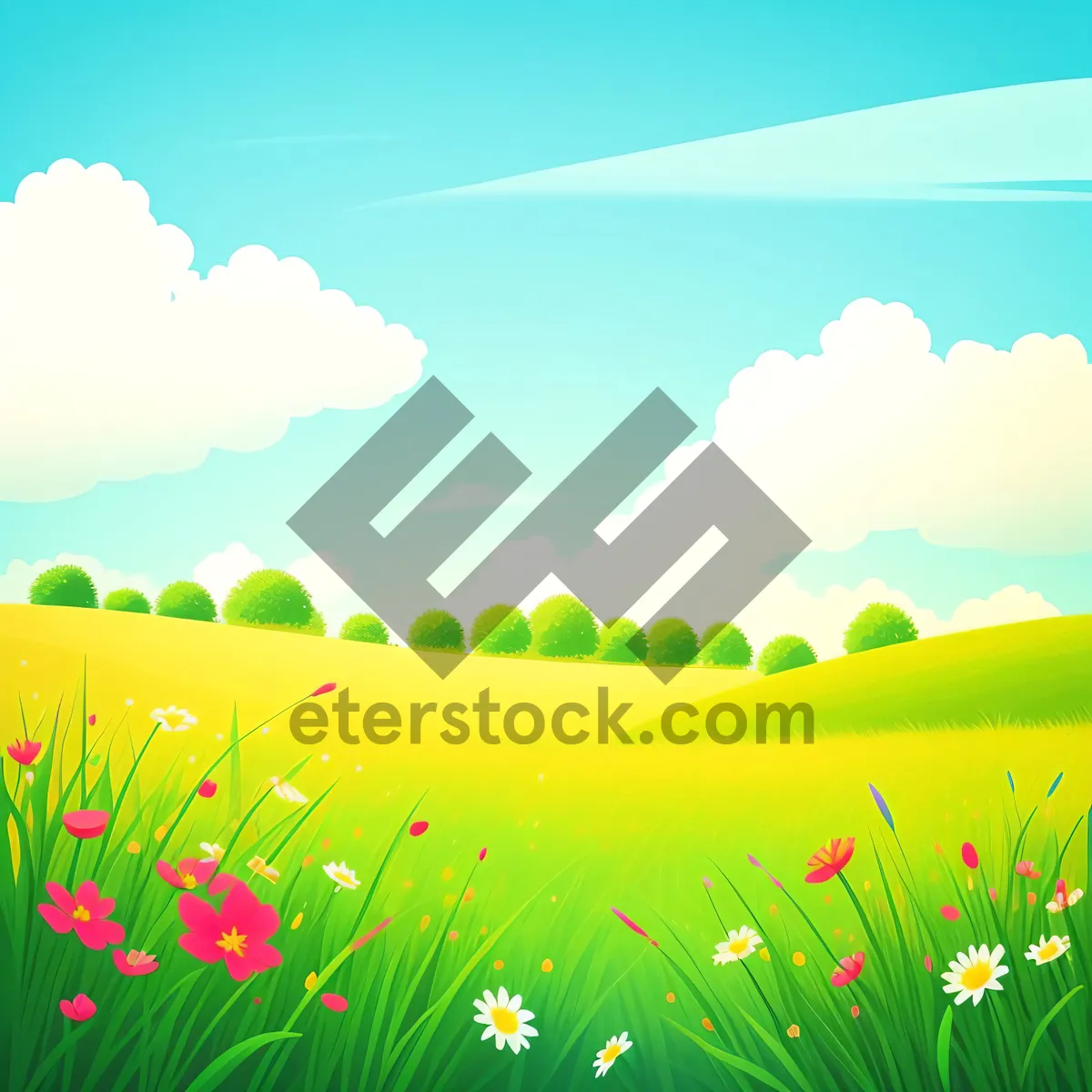 Picture of Vibrant Spring Meadow under Clear Blue Skies.