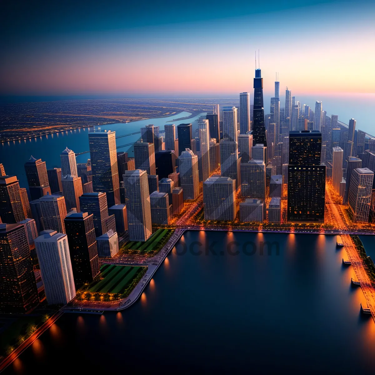 Picture of City Lights Reflection on Waterfront Skyscrapers