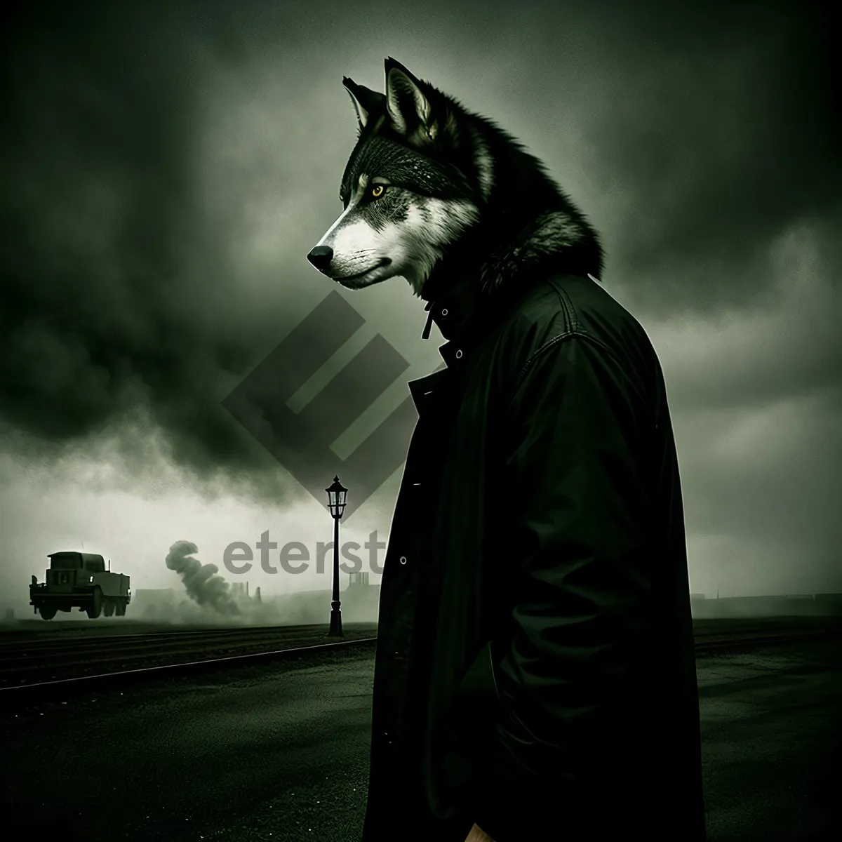 Picture of Black Malamute Sled Dog Portrait - Majestic Canine Gazing into the Eyes