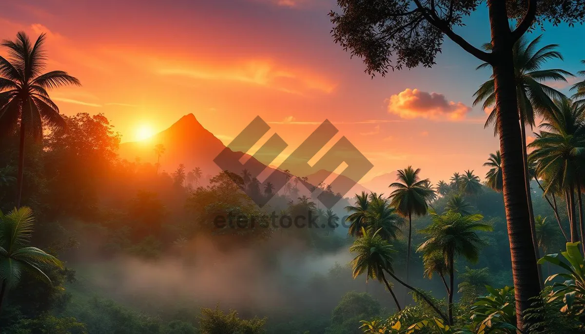 Picture of Tropical sunset silhouette over paradise beach island