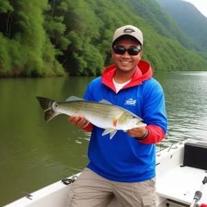 Man fishing with gar catch in the ocean