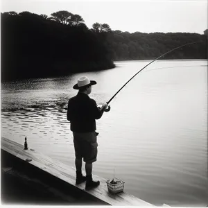 Summer Fisherman Reeling in Catch on Lake