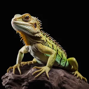 Green lizard camouflaged on tree branch.