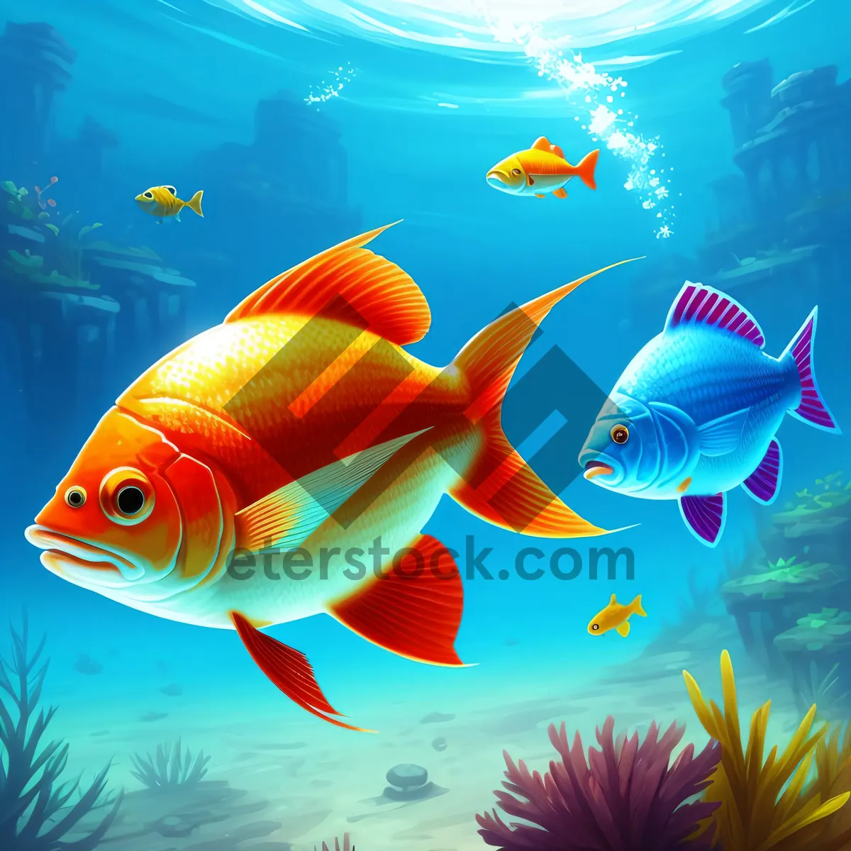 Picture of Colorful Tropical Goldfish Swimming in Aquarium Reef