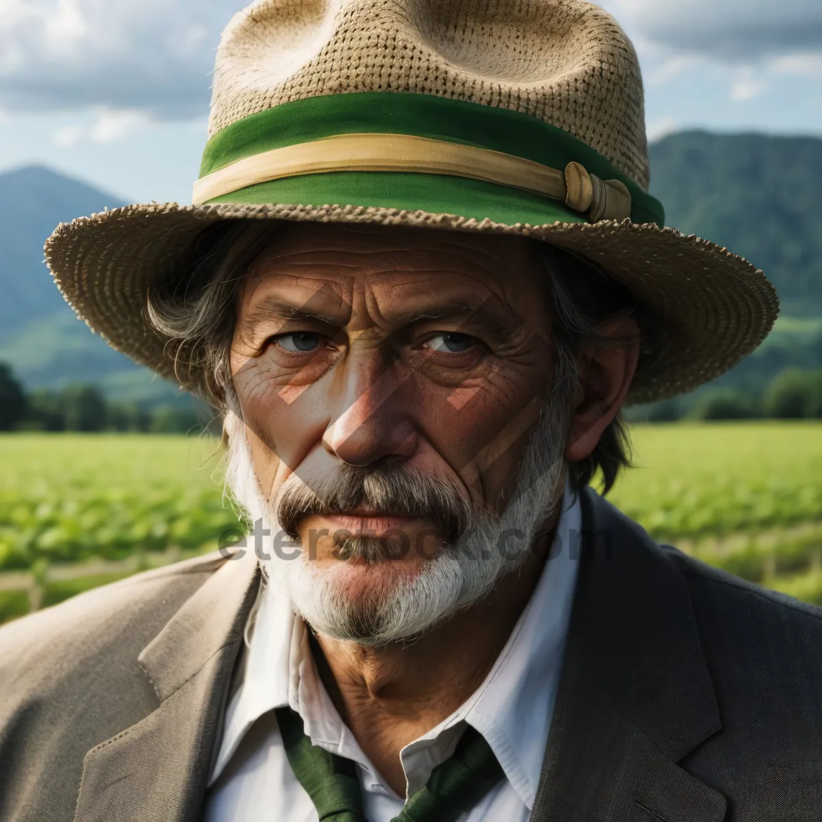 Picture of Happy senior man wearing cowboy hat with mustache portrait