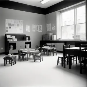 Modern Classroom with Stylish Furniture and Wood Accents