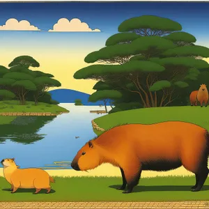 Summer Skyline: Rural Meadow with Grazing Hippopotamus