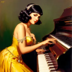 Seductive brunette model playing grand piano