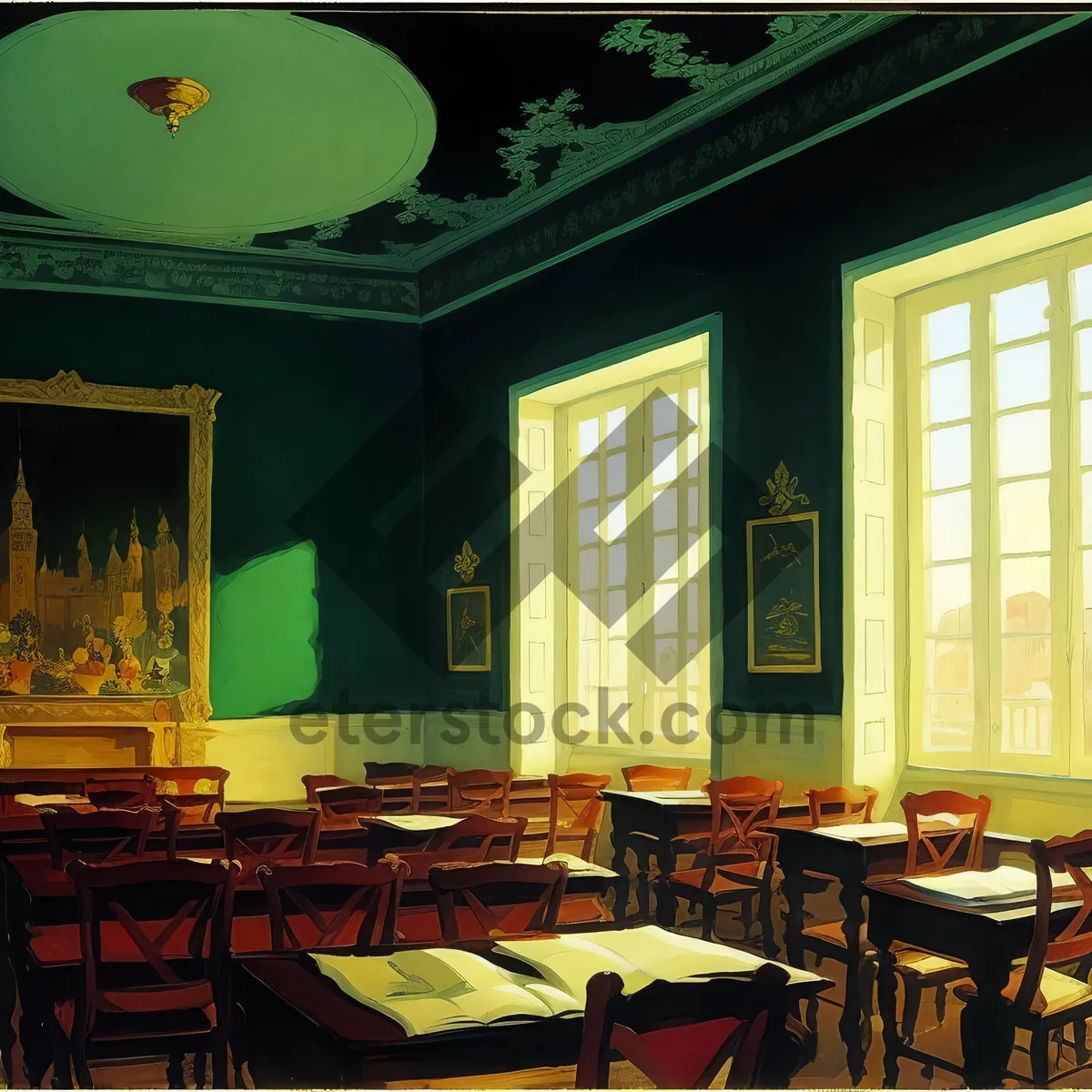 Picture of Modern luxury restaurant interior with designer furniture and lamp.