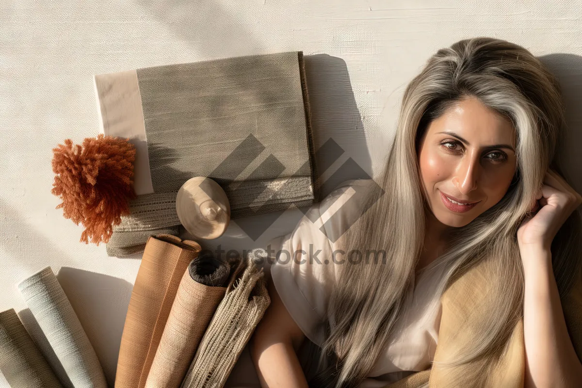 Picture of Happy woman using hand blower for drying hair.