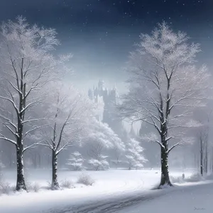 Winter Wonderland Scene: Frozen Landscape with Snow-Covered Trees