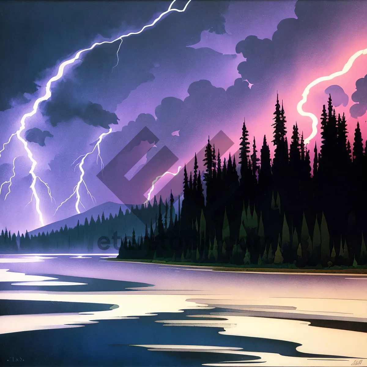 Picture of Night Sky with Lightning and Stars