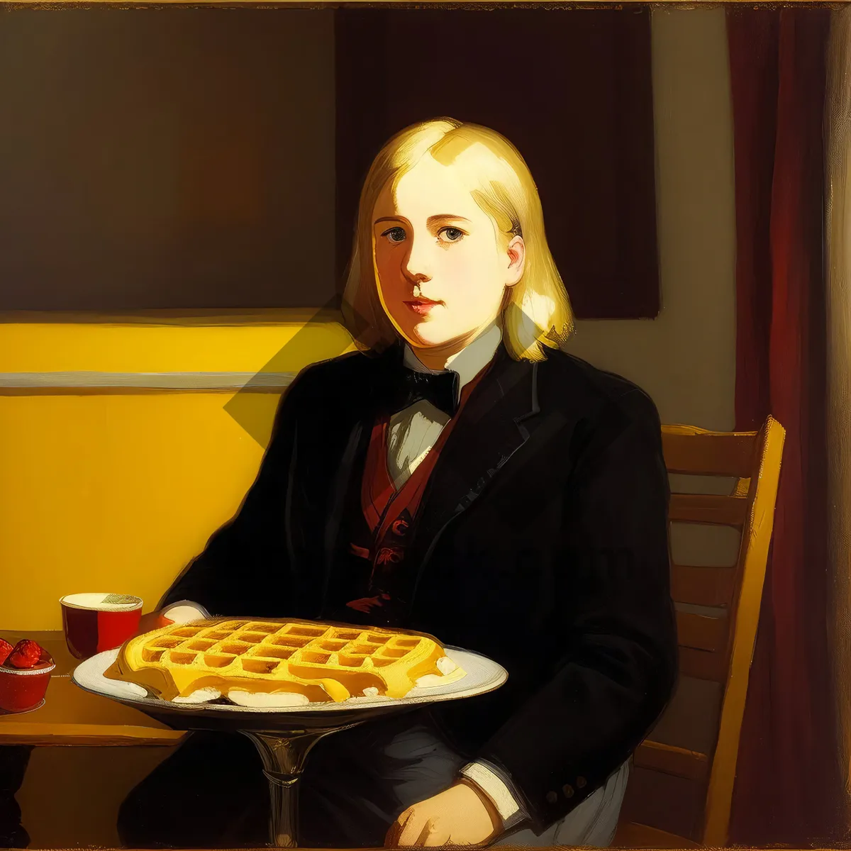 Picture of Happy waiter serving delicious dinner in cozy restaurant