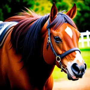 Brown Stallion in Equestrian Headgear at Farm