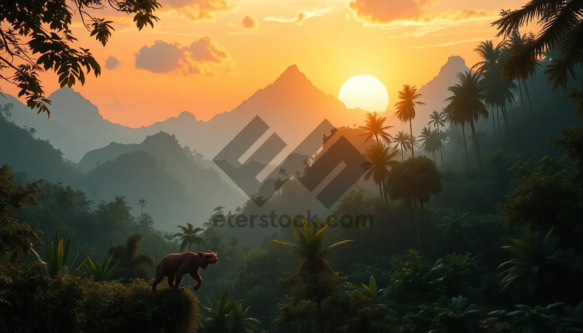 Picture of Tropical sunset silhouette over palm tree beach landscape