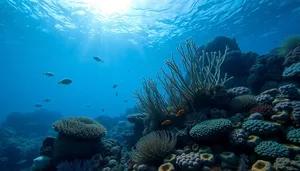 Colorful Coral Reef Underwater Dive Scene with Sunlight Rays