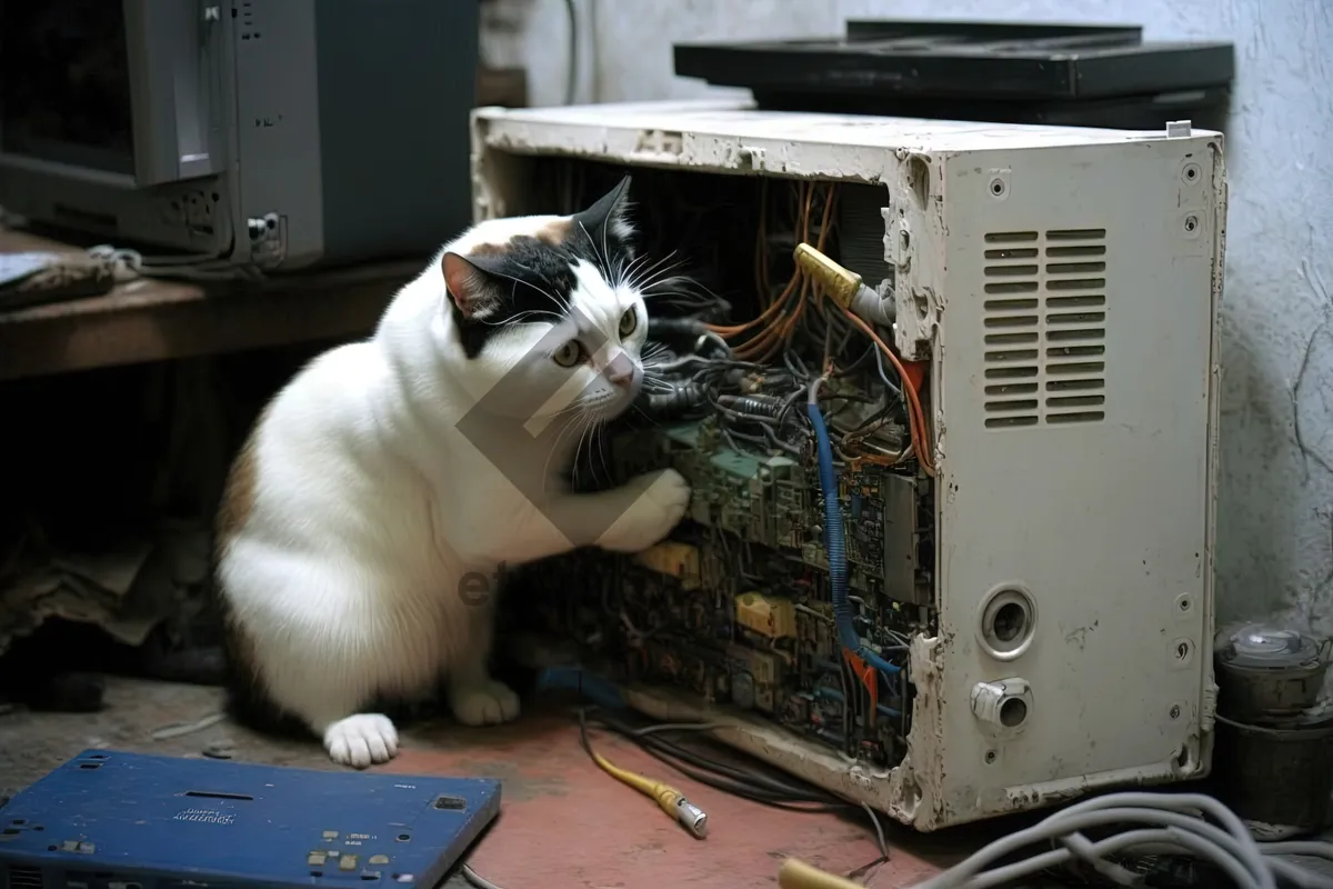 Picture of Fluffy kitten with cute eyes on computer monitor