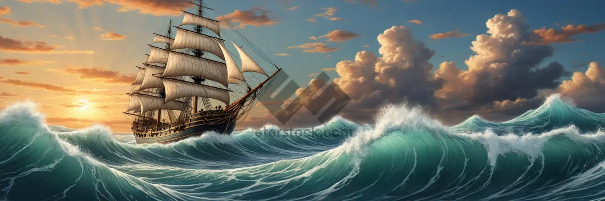 Picture of Pirate ship sailing under sunlit clouds on the sea