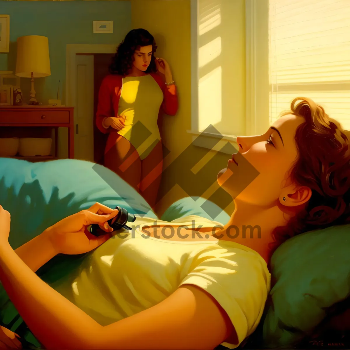 Picture of Beautiful woman sitting on stylish sofa in cozy bedroom