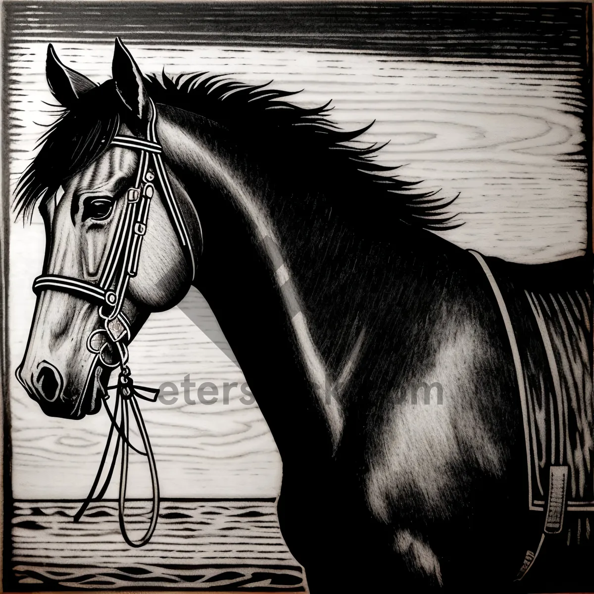 Picture of Black Thoroughbred Stallion with Bridle: Equine Sketch