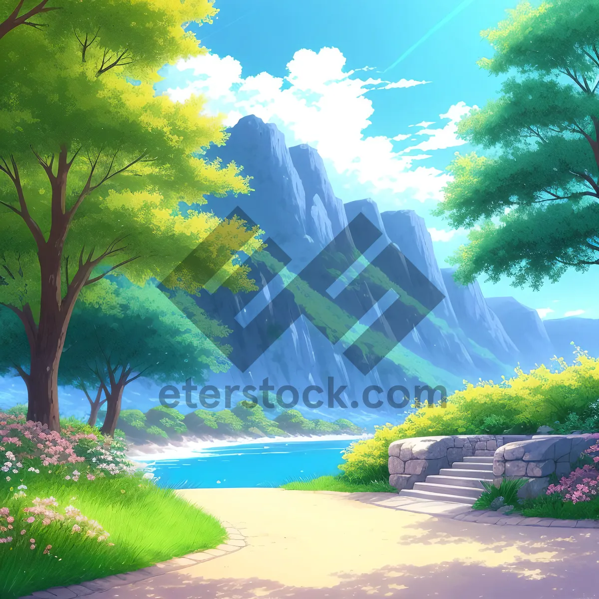 Picture of Breathtaking Views of Serene Countryside with Majestic Mountains and Riverside