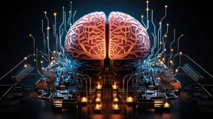 Sci-fi concept. The central computer processor in the form of an artificial brain microchip as the main element of the artificial intelligence system is installed on the motherboard of the supercomputer
