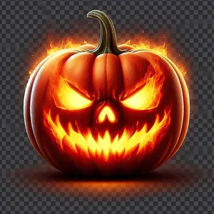 Bright orange pumpkin with carved sinister face, lit from inside by fire, creates burning jack-o'-lantern effect on transparent background, png format. AI, Generation, Illustration