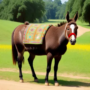 Brown thoroughbred horse grazing on rural meadow