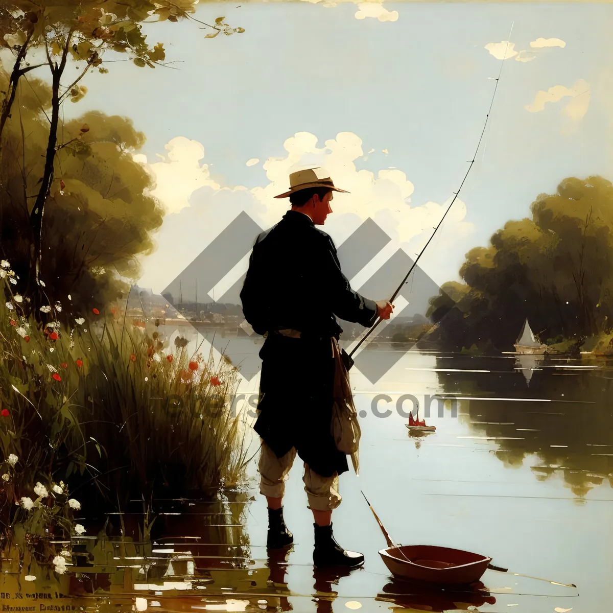 Picture of Riverside Fisherman: Man Enjoying Outdoor Fishing