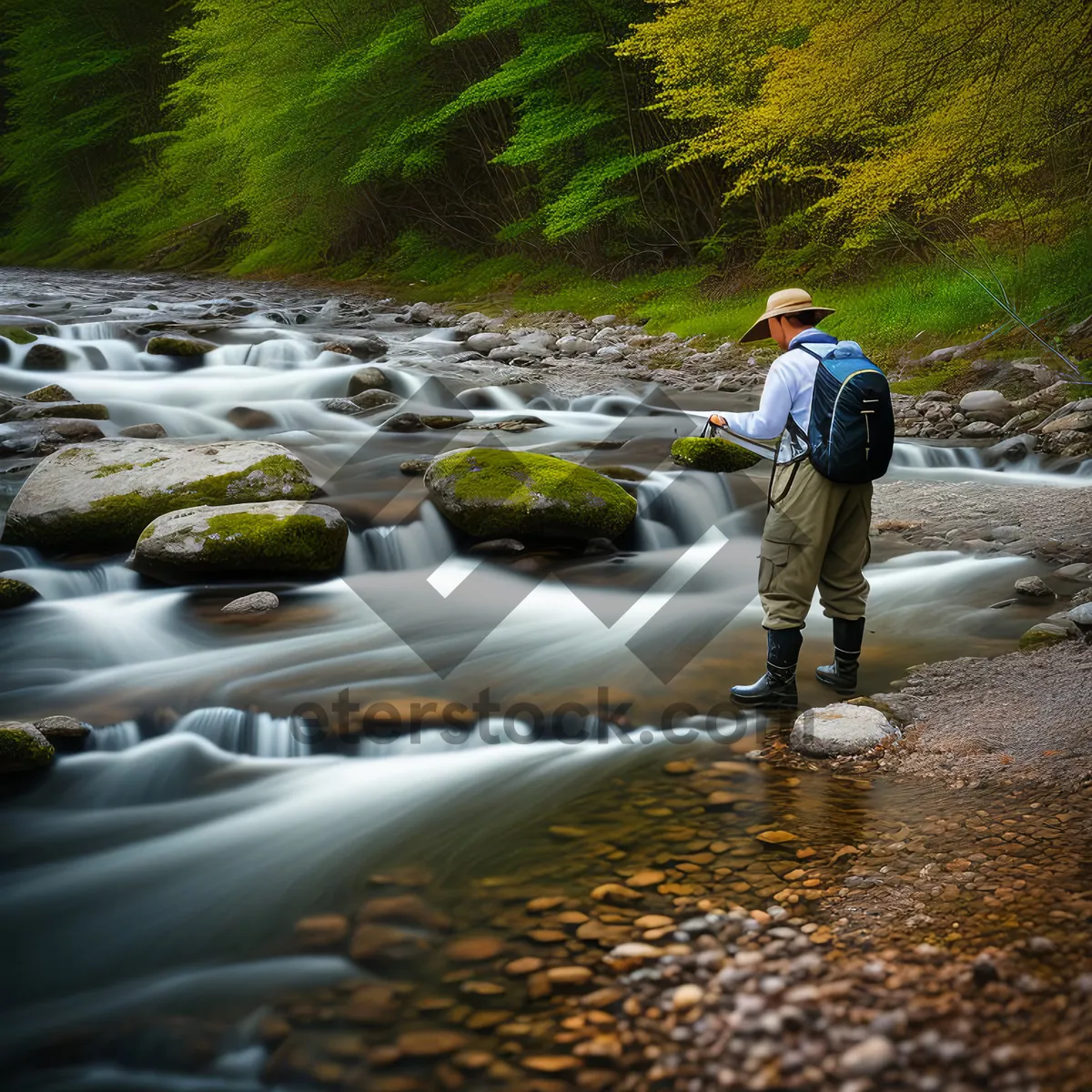 Picture of Majestic Wilderness: Serene River Flowing through Forested Mountains