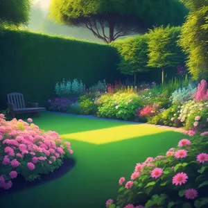 Scenic Summer Garden Landscape with Blooming Flowers