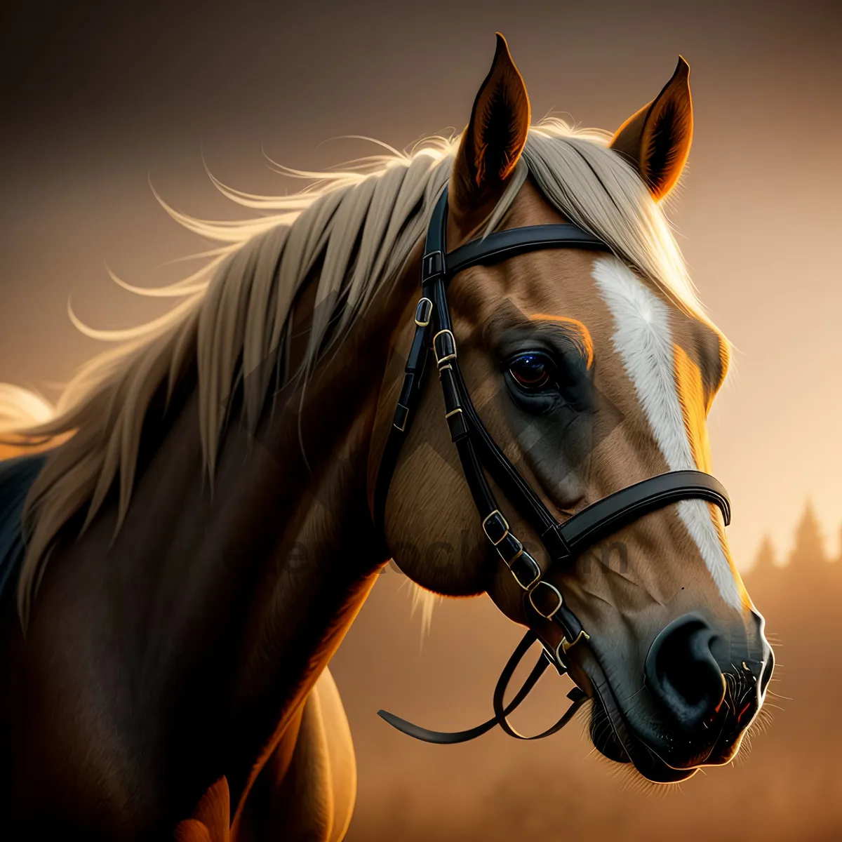 Picture of Brown Stallion with Snaffle Bridle and Mane.