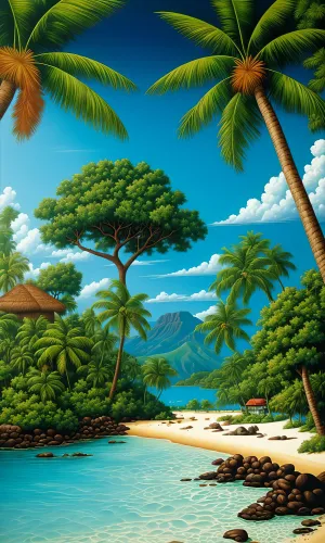 Tropical paradise beach with umbrella trees and turquoise water.